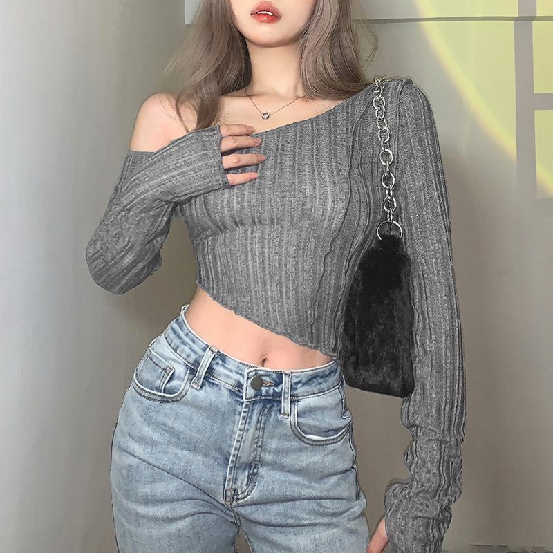 Product Introduction of Open navel fashion irregular sloping shoulder long sleeved T-shirt 5