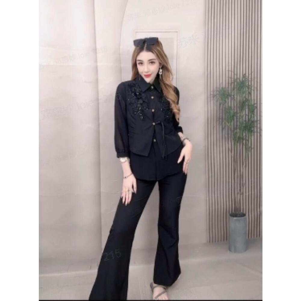 FADFAD Setelan dua potong wanita kelas atas gaya modis dengan variasi bunga cantik warna solid + celana panjang