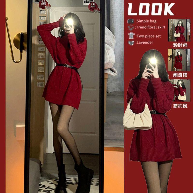 Váy Mùa Thu Và Mùa Đông Cho Nữ, Trang Phục Giáng Sinh Mới, Cao Cấp, Phong Cách Cổ Điển, Áo Len Cổ Lọ Màu Đỏ