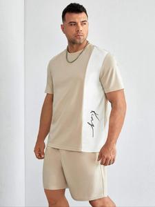 【Plus Size】 Two-Piece Set Letter Patchwork Colorblock Print Tee & Drawstring Waist Shorts, Casual Round Neck Short Sleeve T-shirt & Pocket Shorts, Men's Summer Clothes