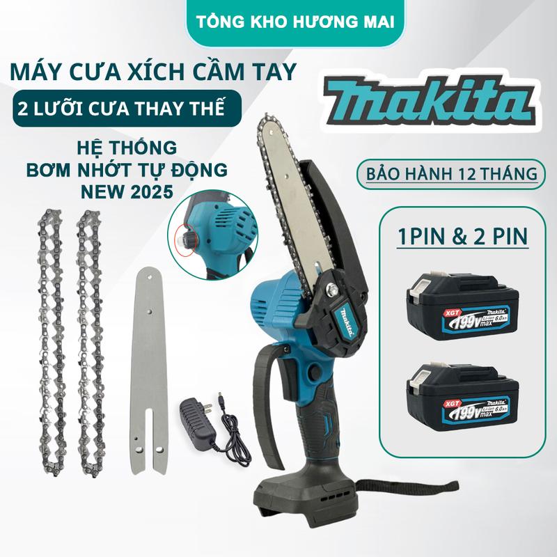 [NEW 2025] Bộ Máy Cưa Xích 2 PIN 5 CELL Cầm Tay MAKITA 199V Lõi Đồng Mạnh Mẽ Bền Bỉ, Hệ Thống Bơm Nhớt Tự Động Tiết Kiệm Tiện Lợi Cho Gia Đình, BH 12 Tháng