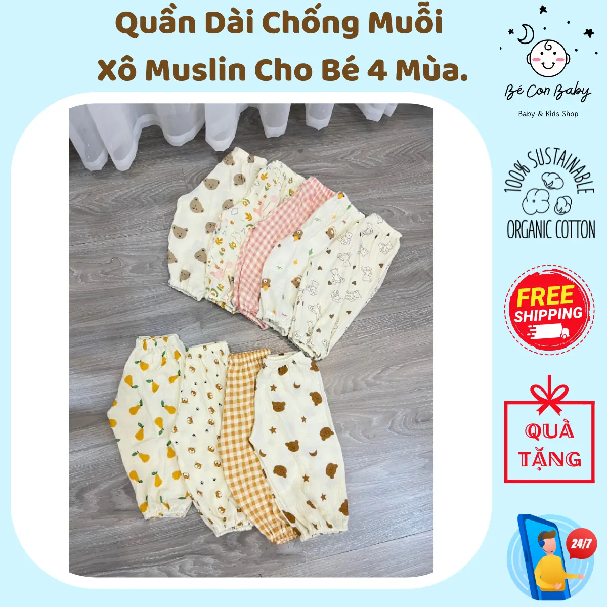 Quần Dài Xô Muslin, Quần Bom Cho Em Bé Chống Muỗi Quần Thu Đông Nhiều Họa Tiết - BéCon Baby
