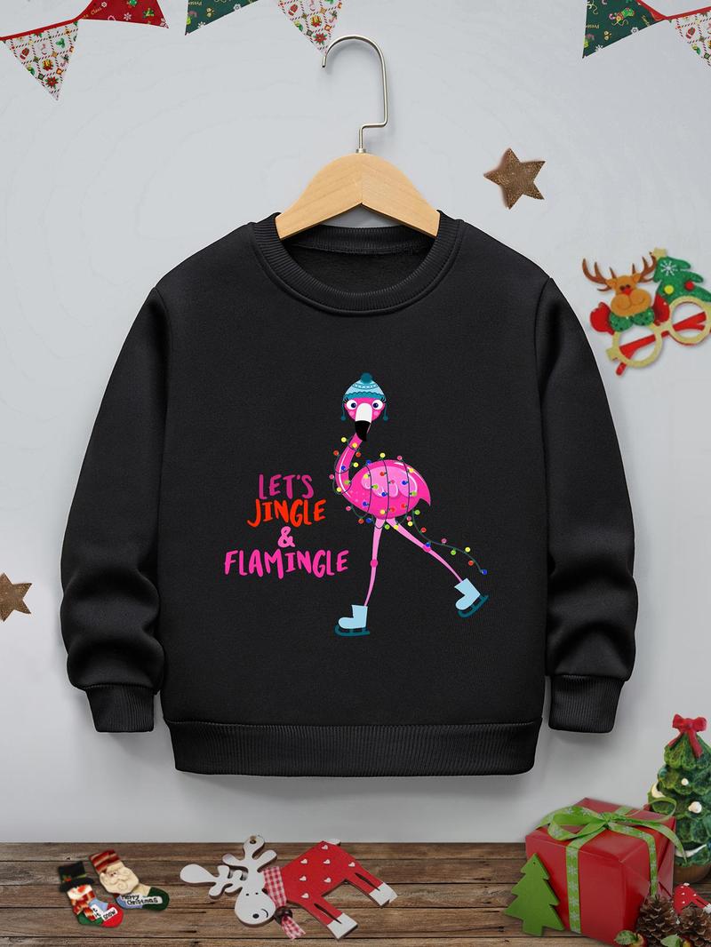 Product Introduction of Girl's Flamingo & Letter Print Drop Shoulder Thermal Lined Christmas Sweatshirt, Casual Long Sleeve Round Neck Pullover for Fall & Winter, Kids Clothes for Daily Wear 2