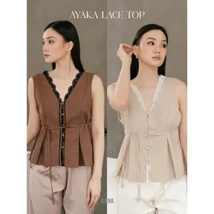 [Jexiva] - Atasan Wanita Blouse Lace Pleated V-Neck Sleeveless Warna All Size Ayaka Lace Top