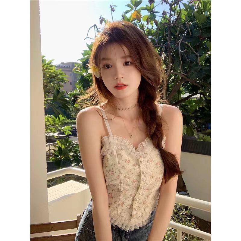 Product Introduction of Sexy lace floral cami top for women-sweet vintage slim fit tank with ruffle trim, adjustable straps, sleeveless bustier blouse, elegant floral print, versatile summer outfit for casual or layering Womenswear Lingerie Comfort Short 7