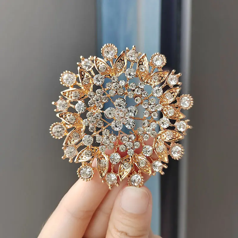 Cross-Border European and American Creative Full Diamond Flower Brooch for Women, Inlaid with Diamonds, Niche High-End Sense Pin DIY Fixed Clothing Brooch flower  clip  hijab