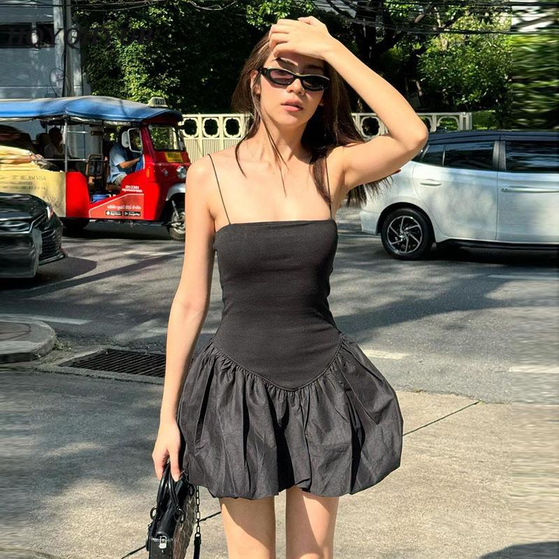 Product Introduction of Women Spaghetti Strap Sleeveless Dress Casual Summer Solid Color Bubble Hem A-Line Mini Party Dress for Streetwear 34