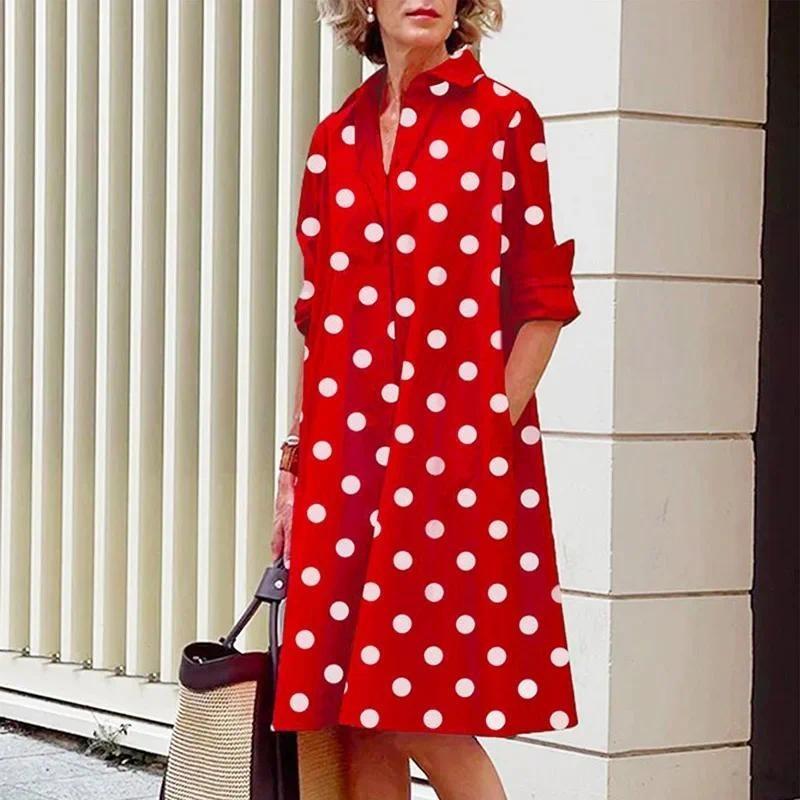 Product Introduction of Plus Size S-4XL Women Shirt Dress Cotton Floral Dot Print Button A Line Midi Knee Length Slim Loose Spring Summer Autumn Fashion Casual Elegant Long Sleeve Black White 24