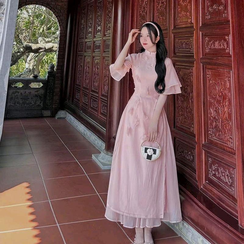 SÉT ÁO DÀI TƠ ĐÍNH BÔNG tay phồng phối chân váy voan lụa 0