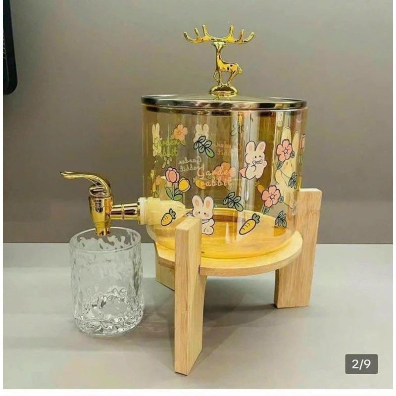 Bình Nước Thủy Tinh Có Vòi Kèm Chân Gỗ ,Pha Nước Hoa Quả ,Decor Đẹp Dung Tích 2.5l 0