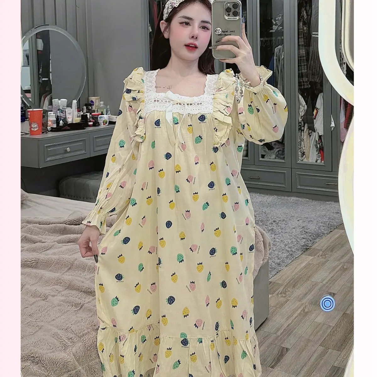 Váy ngủ mặc nhà đầm dáng dài cổ bèo tay dài  tiểu thư dễ thương kute chất đũi lạnh LANUTA Nữ