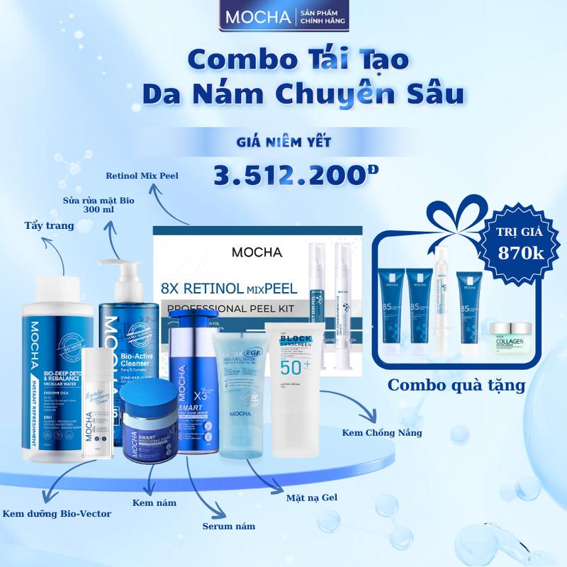 Combo Tái Tạo Da Nám Chuyên Sâu Gồm Retinol Mix Peel + Kem Dưỡng Nám + Tinh Chất Nám + Kem Chống Nắng + Kem Dưỡng BIO + Sữa Rửa Mặt BIO +Tẩy Trang +Mặt Nạ Gel + Tặng 3 sữa rửa mặt b5 25ml 1 kem dưỡng clg 1 tinh chất b5 phục hồi