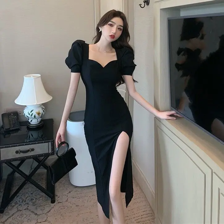 Elegant long dress women's summer long slim-fit side slit sheath retro Hepburn style puff sleeve black dress
