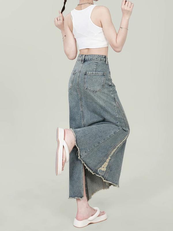 Chân váy jean đuôi cá rách gấu ôm body nữ váy bò dài xẻ tà ngang màu xanh đen V14 - S/M/L/XL 7
