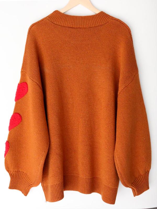 【Plus Size】 Colorblock Heart Pattern Crew Neck Sweater, Casual Chic Long Sleeve Pullover Jumper for Daily Outdoor Wear, Women Plus Clothing for Fall & Winter 5
