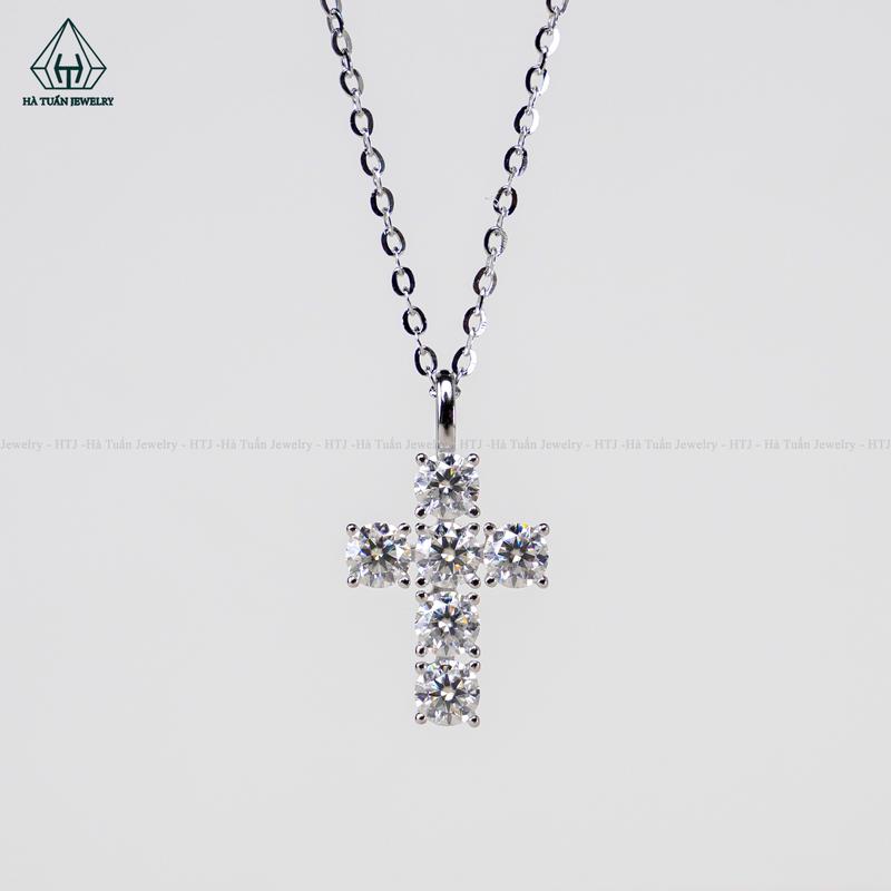 Dây Chuyền Bạc 925 Xi Kim Mặt Liền Thánh Giá Đính FULL Moissanite 3mm N619 Hà Tuấn Jewelry