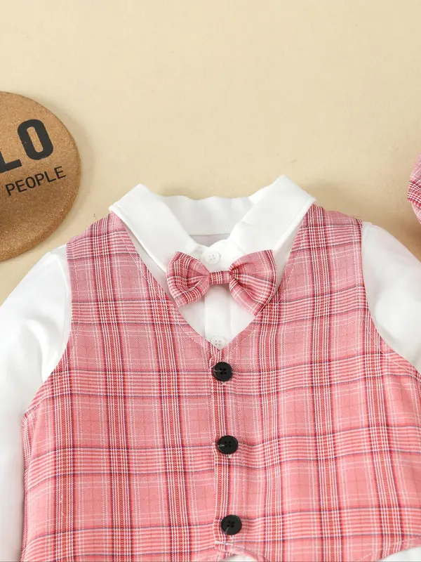 Three-piece Set Boy's Bow Tie Button Front Shirt & Elastic Waist Pants & Plaid Print Vest Set with Hat,  Casual  Long Sleeve Collared Top & Pocket Trousers & Vest Set, Kids Spring Outfits 2