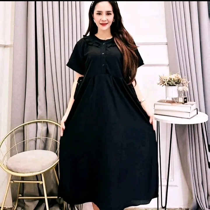 Daster Dress Wanita Dewasa  Busui  Kancing Ruffle Kekinian  Mewah  Kain Crinkle Airflow Premium Nyaman Tebal Remaja Samping Panjang Katun Cantik Midi Bumil 4
