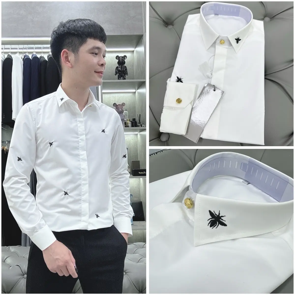 Áo sơ mi nam màu trắng thêu ong cúc cổ và cúc tay mạ vàng Menswear