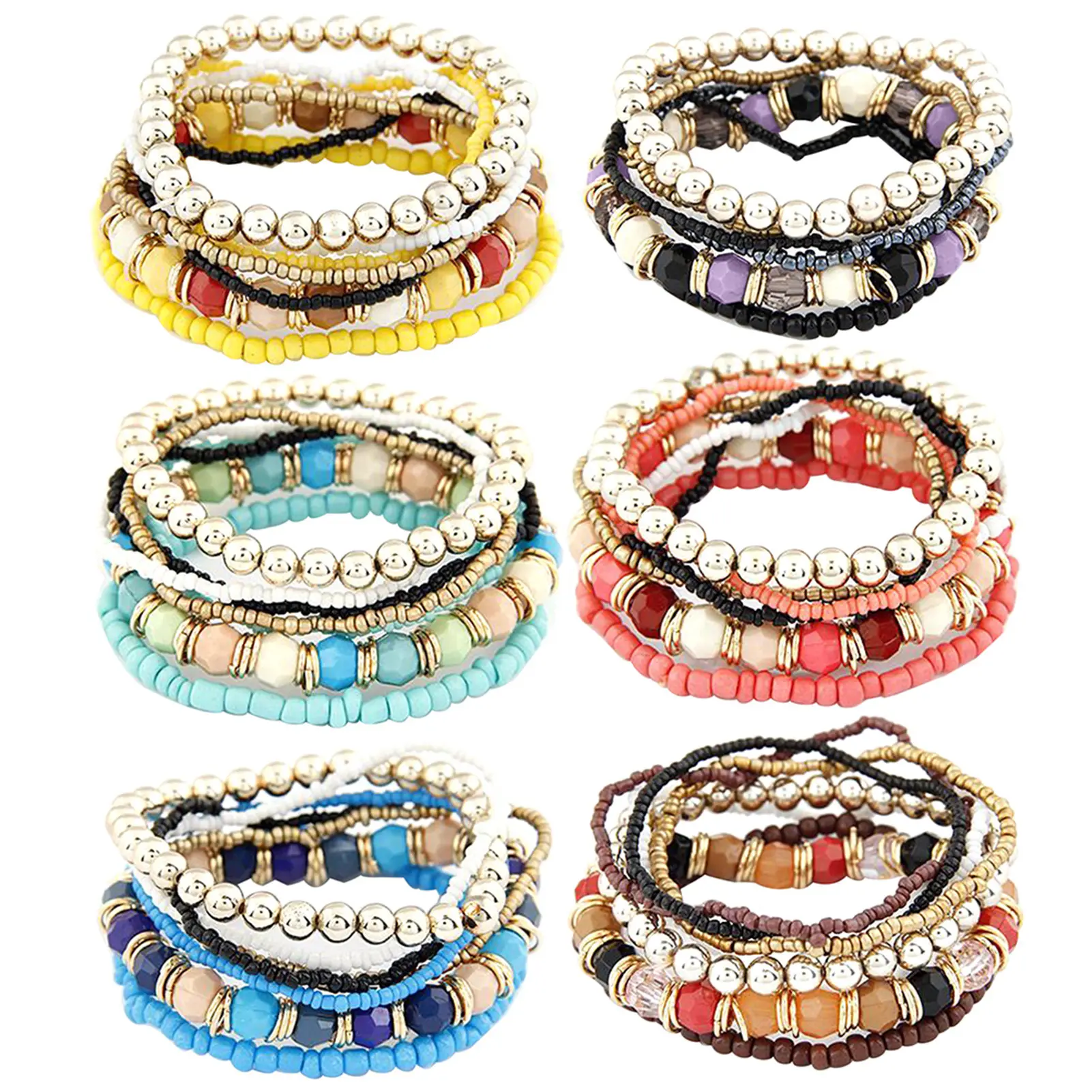 ikmjhye 7Pcs/Set Women Boho Bohemian Mix Style Multilayer Elastic Beaded Bracelets for Banquet Party