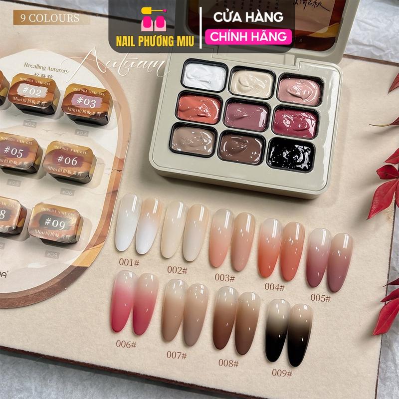 Set Gel Dặm Ombre 9 Ô Màu MORDDA 7980 Gợi Nhớ Mùa Thu Recalling Autumn Làm Nail Siêu Đặc Mịn Tặng Kèm 10 Mút Dặm Vuông To
