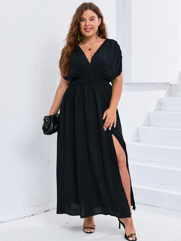 【Plus Size】 Plain Ruched Shirred Split Thigh Tie Back A Line Dress, Casual Deep V Neck Batwing Sleeve High Waist Dress for Party Holiday Wedding Guest, Women's  Clothing for Summer 4