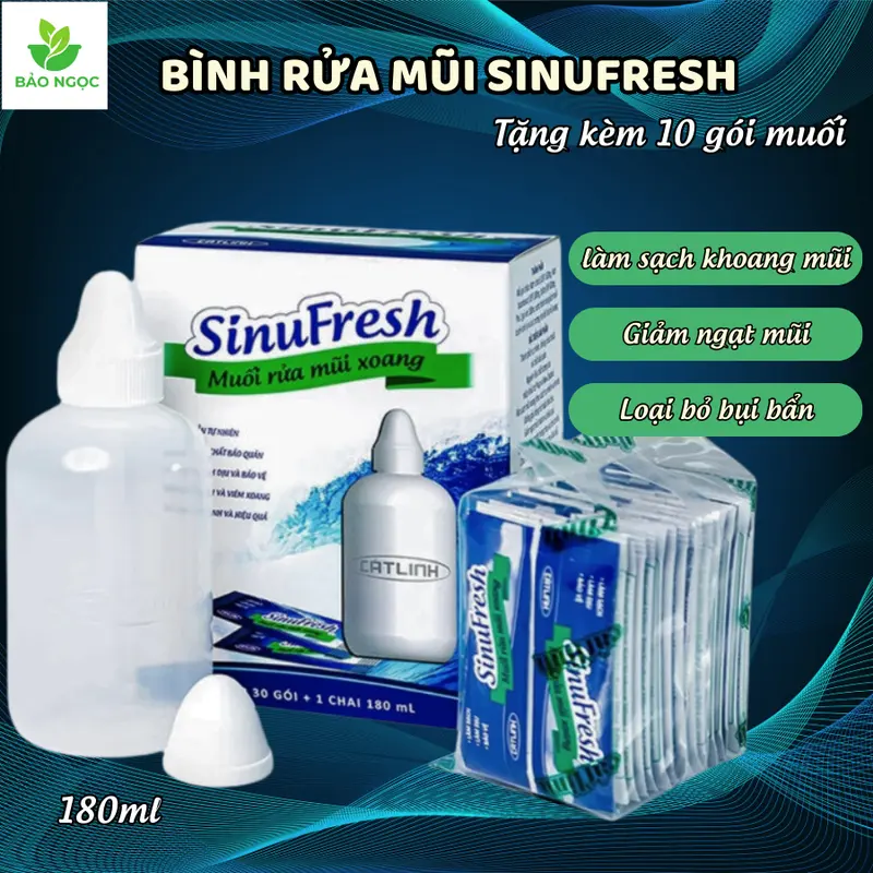 [Tặng 10 Gói Muối] Bình rửa mũi SinuFresh Cát Linh 180ml, bình vệ sinh mũi tặng kèm 10 gói muối sinh lý  - Dụng cụ rửa mũi giúp làm sạch khoang mũi, ngăn ngừa viêm xoang Tre 0