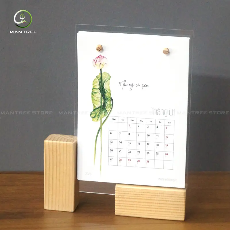 Lịch Để Bàn Nghệ Thuật 2025 Đế Gỗ Sáng Tạo - Chủ Đề 12 Tháng Có Sen 1