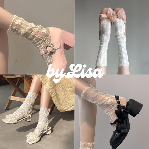 Tất cổ cao ren nữ dập nổi hoa xinh xắn, tất vớ lụa phong cách Lolita đáng yêu, tất ren mịn màng Floral hoa hòe