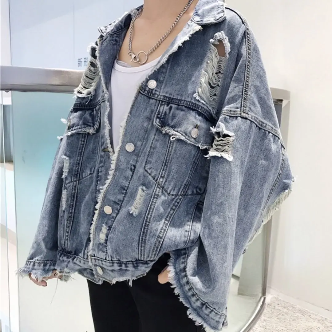 Áo Áo Khoác Denim Rách Thương Hiệu Thời Trang Mới Dành Cho Nam Giới, Dáng Rộng Vừa Vặn, Phong Cách BF, Màu Sáng, Phong Cách Hàn Quốc, Thích Hợp Cho Học Sinh, Áo Khoác Đẹp Trai