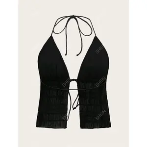 SHEIN ICON Split Hem Tie Backless Mesh Halter Y2k Top