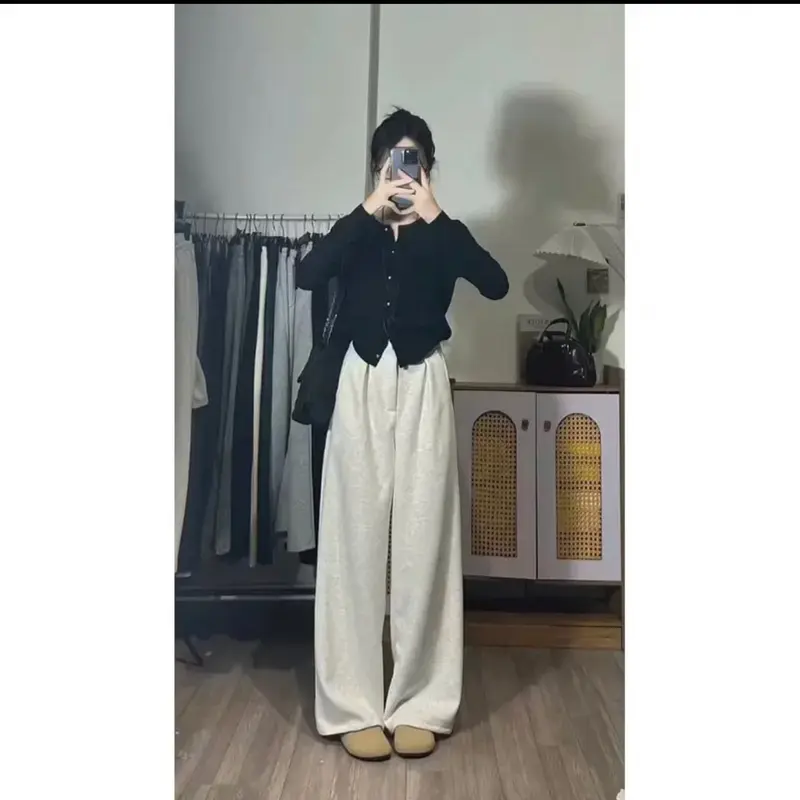 (Hàng Loại Đẹp - KHông Xù) Quần Ống Suông 1 Khuy Chất Nỉ Ép 2 Da Cạp Cao Có 2 Túi Trước 2 Túi Sau Dài 100-103cm UniSex Phong cách Women quần  nỉ 5