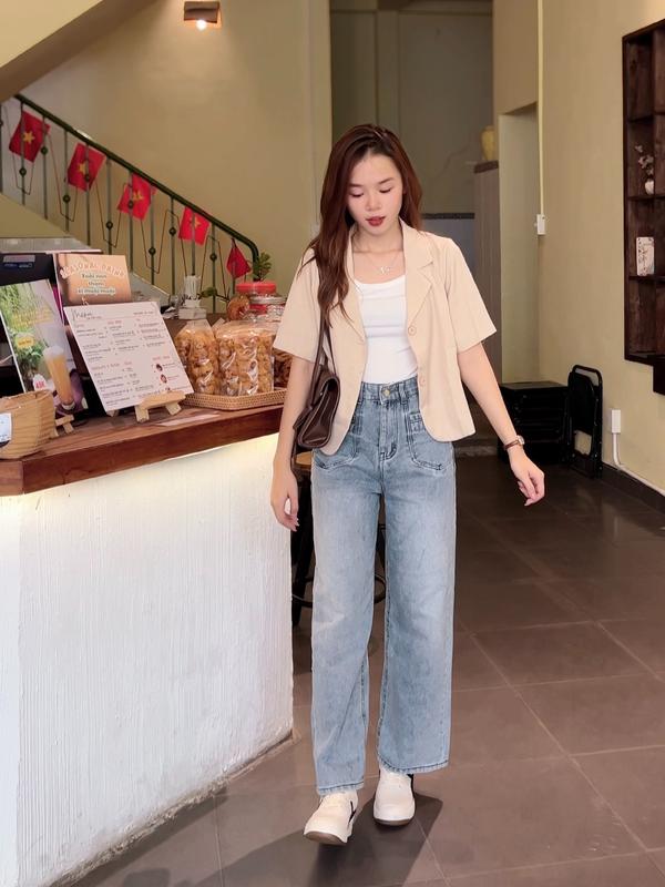Quần Jean Suông Xanh Túi Ngược Denim Nữ Leda Quần Bò Nấm Lùn 93cm Quần Jean Túi Vuông Mặt Trước