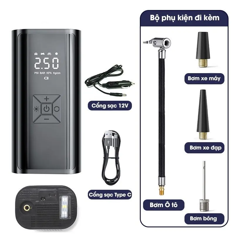Máy bơm lốp xe tự động không dây Máy bơm hơi tự động dự phòng sạc và chiếu sáng đèn pin, máy bơm lốp xe hiển thị kỹ thuật số Máy nén khí lốp có thể đo được 7