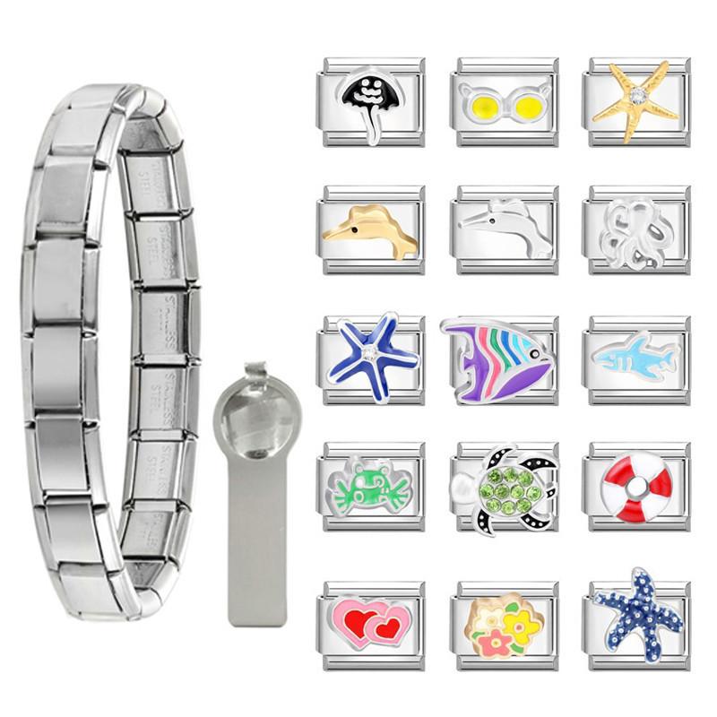  Vòng Tay Charm Ý Hình Hoa Sao Biển Cá Sao Biển Phụ Kiện Tự Làm Vòng Tay Thép Không Gỉ 9mm Phụ Kiện Vòng Tay Mô-đun Cá Tính Cổ Điển 