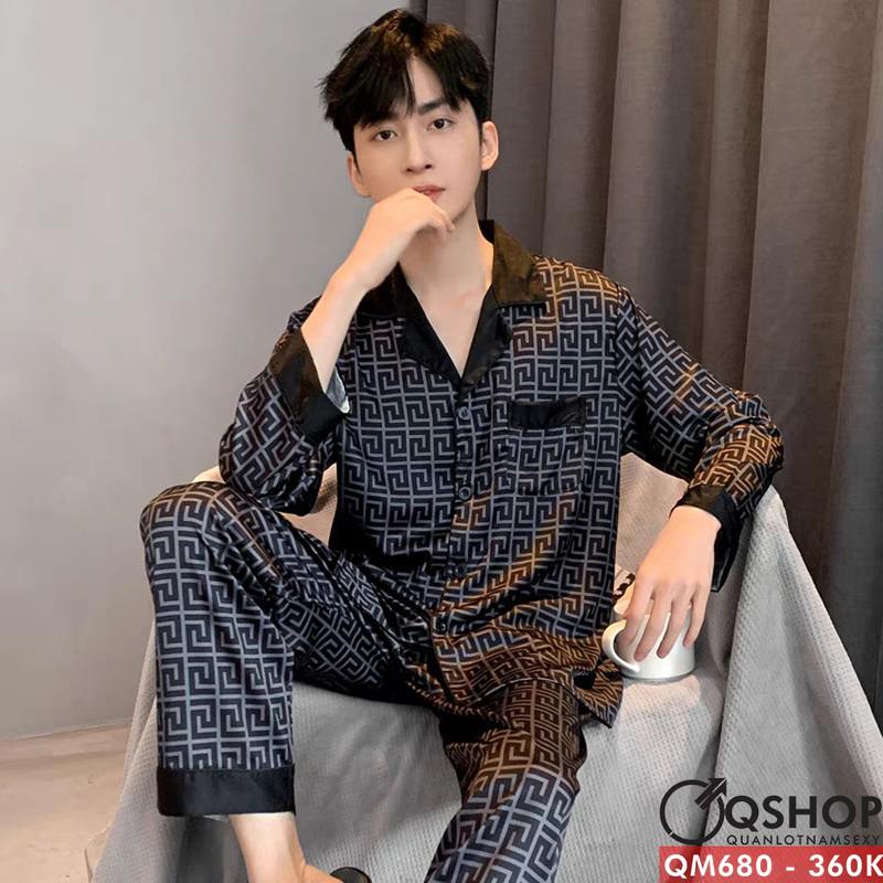 Bộ đồ pijama nam quần dài tay dài lụa satin mềm mặc nhà mặc ngủ QM680