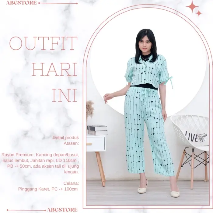 One Set Crop Top Terbaru Motif Love Setelan Celana Lengan pendek Bisa Dicuci Dengan Mesin Baju Karet Kancing Setrip 4