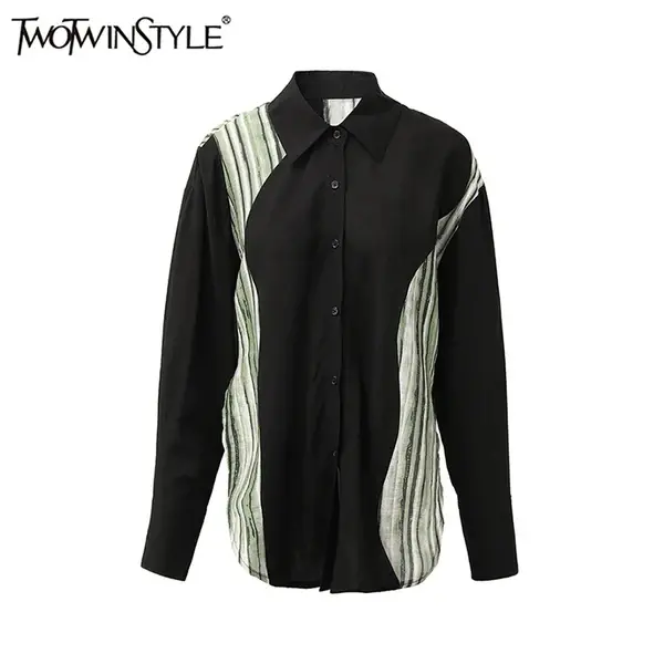 TWOTWINSTYLE Hit Color Spliced Button Chic Blouses For Women Lapel Long Sleeve Casual Chic Shirts Female Fashion Style Clothes