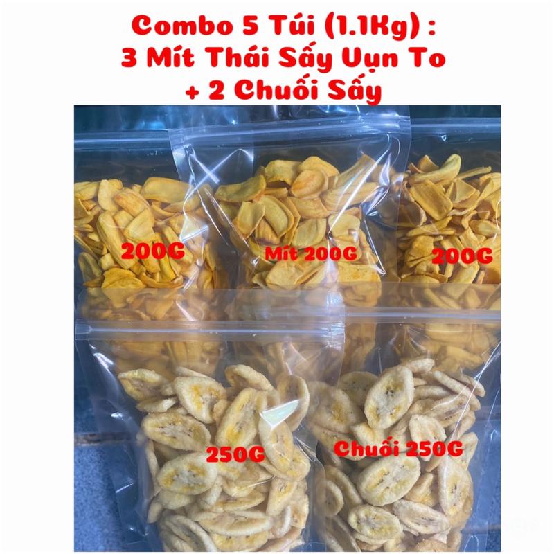 Combo 5 Túi (1.1Kg) : 3 Mít Thái Sấy Vụn To + 2 Chuối Sấy nguyên miếng - được đóng gói bằng túi zipper trong Ăn Vặt