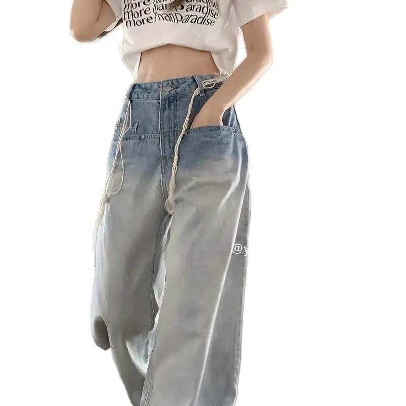 Quần jean ống rộng lưng cao phối đai nút, quần jean nữ ống suông phong cách Hàn Quốc - Xưởng May Long Ty Denim Women Pants