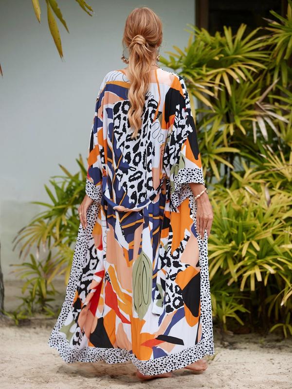 Women's Boho Plants Print Kimono Sleeve Belted Kimono Coat, Summer Clothes Women, All Over Print Long Sleeve Cover Up for Women, Ladies Clothes for Summer Beach Vacation, Clothing 1