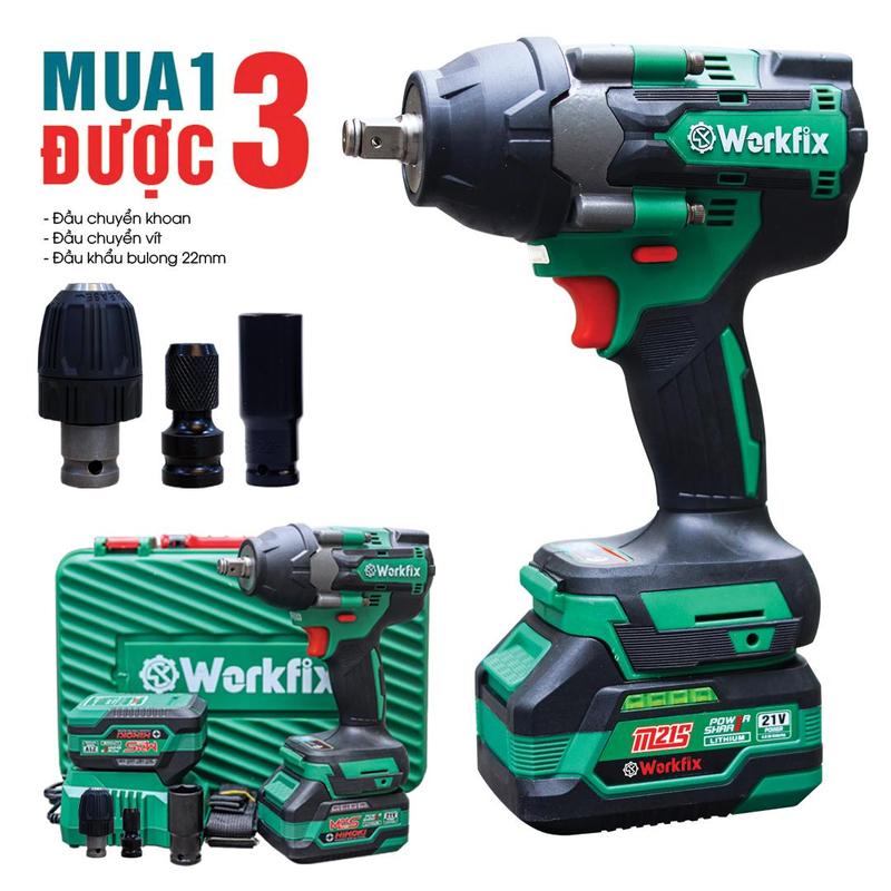 [Tặng đầu chuyển khoan + Vít + Bộ Khẩu] Máy Siết Bulong Workfix 650N.m 2 Pin 21V/4Ah PLUS - IW650NBL - Lực Siết 650N mở ốc lớn  - 4 Cấp Tốc Độ - Motor Brushless - Chân Pin Phổ Thông PLUS - Bảo Hành Chính Hãng 6 Tháng