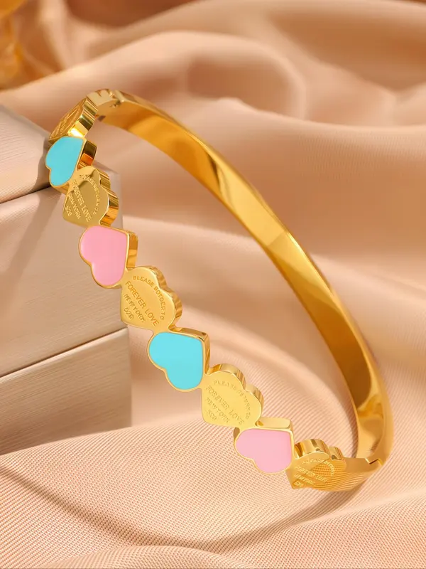Stainless Steel Heart Decor Bangle, Fashionable Jewelry for Women & Girls, Trendy All-match & Exquisite Jewelry for Birthday Gift 6
