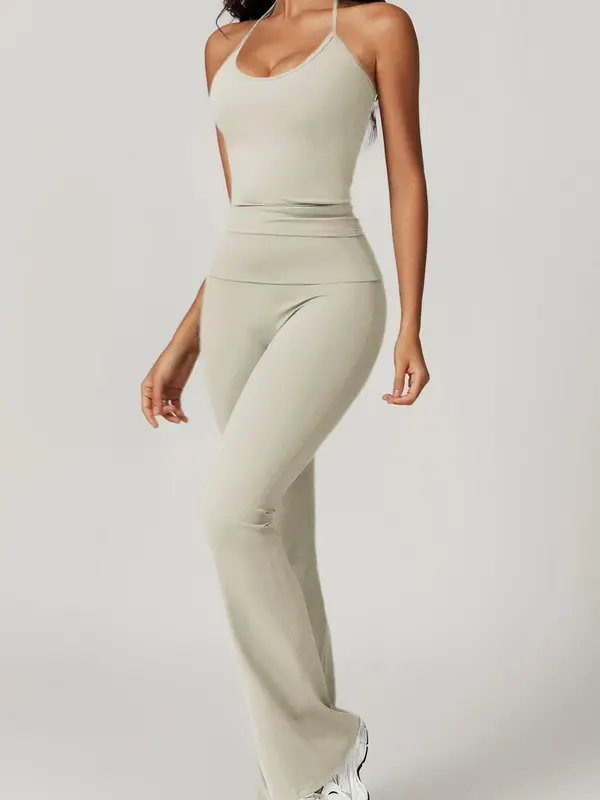 Women's Solid Crop Cami Top & Flare Leg Pants Two-piece Set, Casual Fashion Cozy Breathable Two Piece Outfits for Daily Outdoor Wear, Ladies Clothes for Summer, Womenswear 4