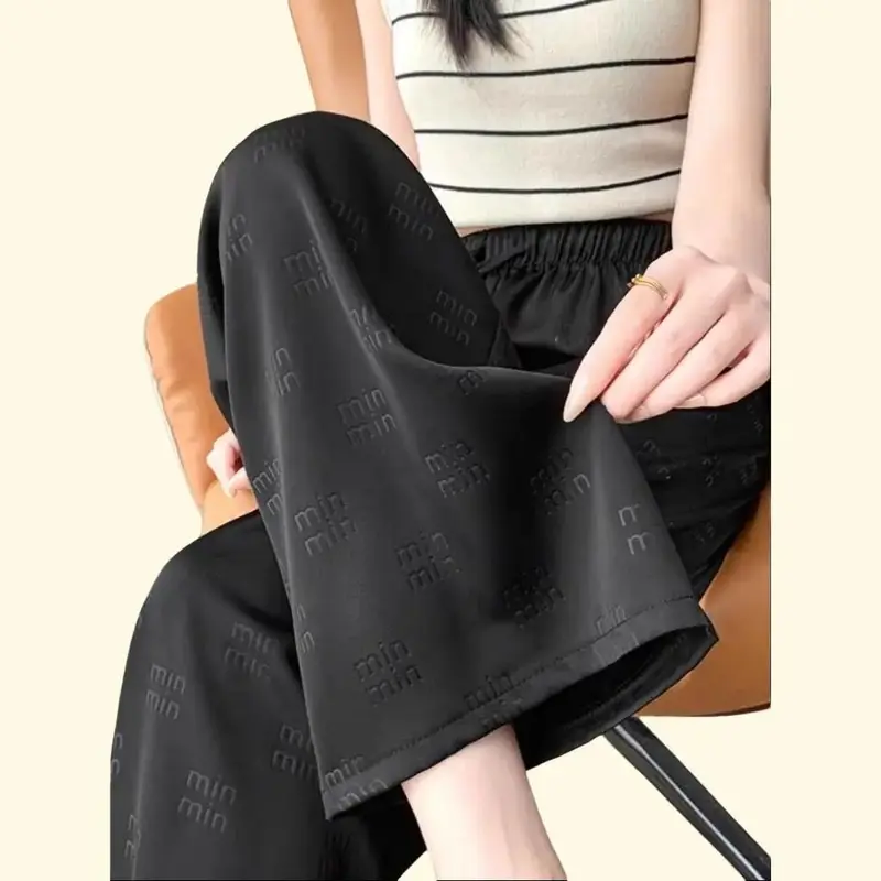 Quần lụa ống rộng dáng dài suông dập chìm chữ min cho nữ Mùa Hè Miu Siêu Đẹp Hàng Chuẩn women pants Ong Đen/hồng/trắng sữa Nhung 0