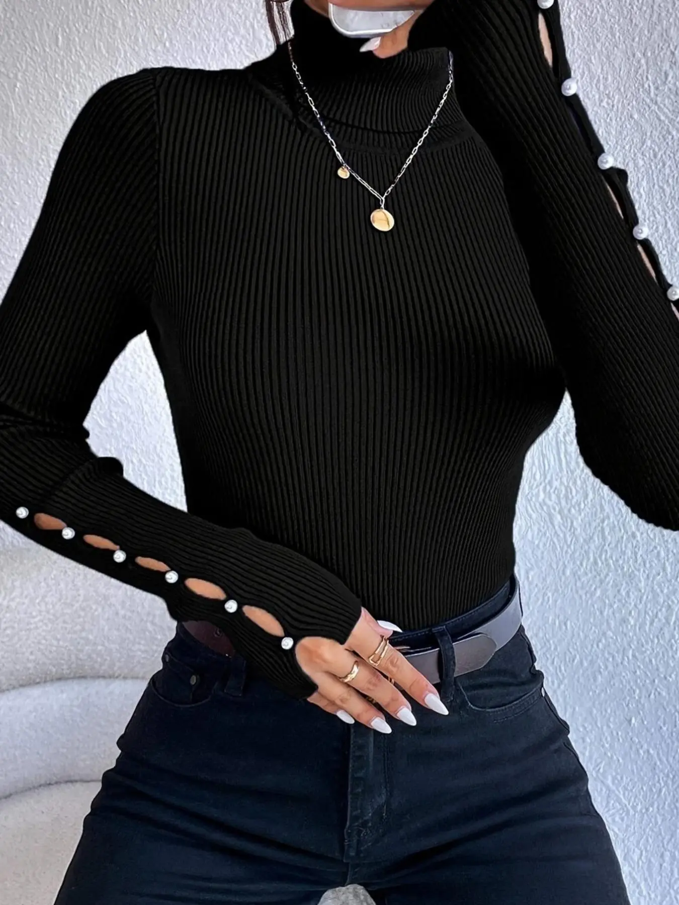 Women's Plain Button Hollow Out High Neck Sweater, Casual Long Sleeve Turtleneck Jumper for Fall & Winter, Latina Outfit for Women Lady