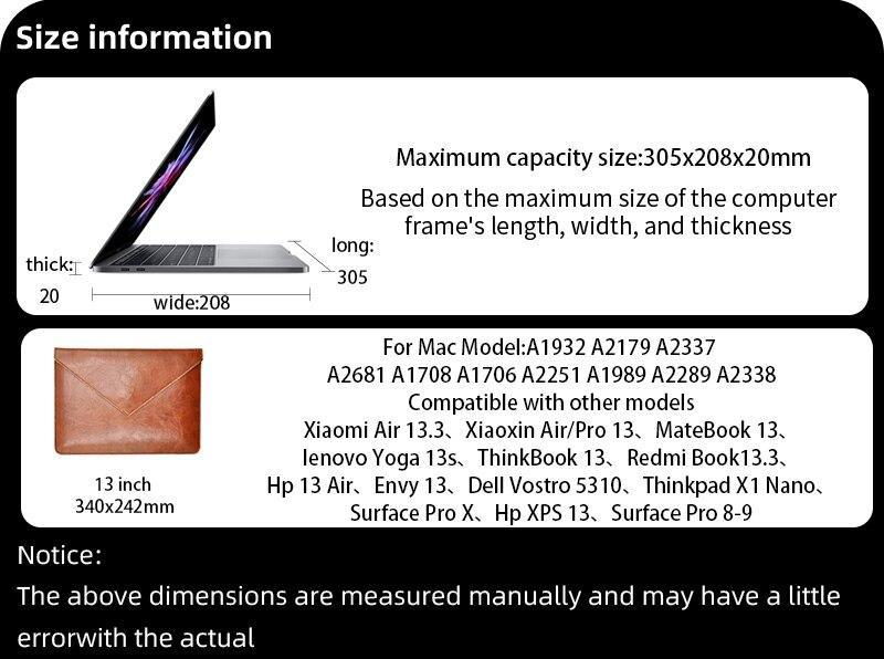 Product Introduction of 13.3 Inch Laptop Bag Case PU Leather Sleeve For M1 M2 MacBook Pro Retina Air 13.6 Dual Pocket Envelope Style Dell HP Pouch 18