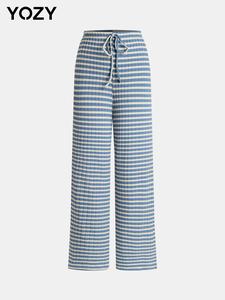 YOZY Women's Striped Print Tie Front Elastic Waist Straight Leg Pants, Casual Fashion Comfy Trousers for Fall & Winter, Pants for Women, Women's Bottoms for Daily Wear