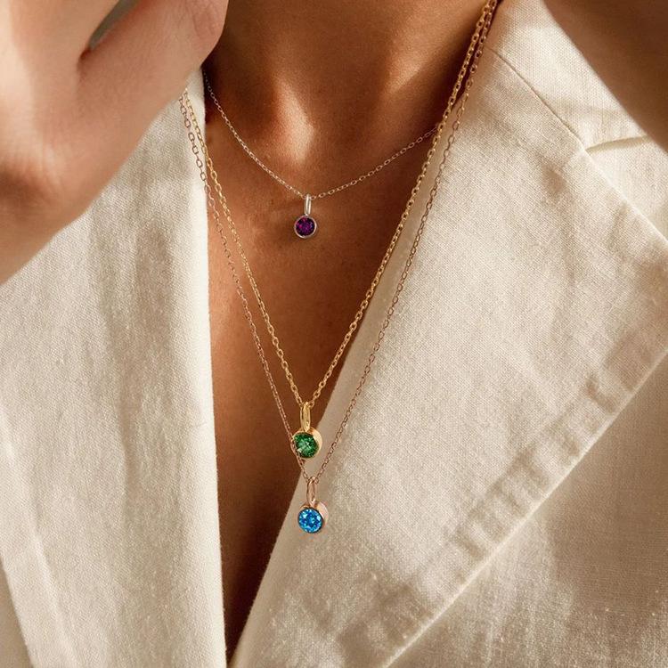 European and American Color 12 Birthstone Pendant DIY Accessories Female Twelve Birthstones round Zircon Pendant Stainless Steel 0