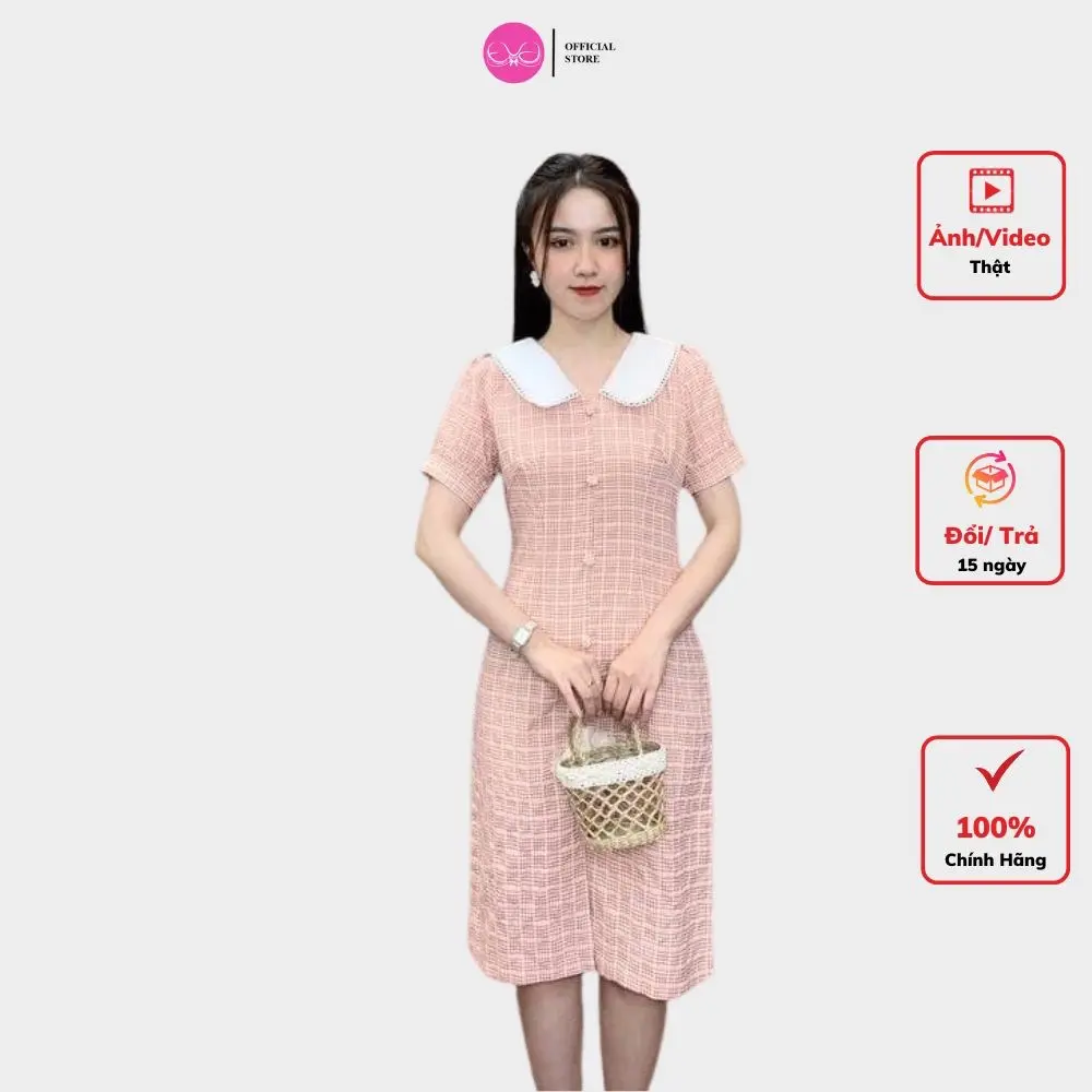 Váy suông kẻ cổ ren Evalover
